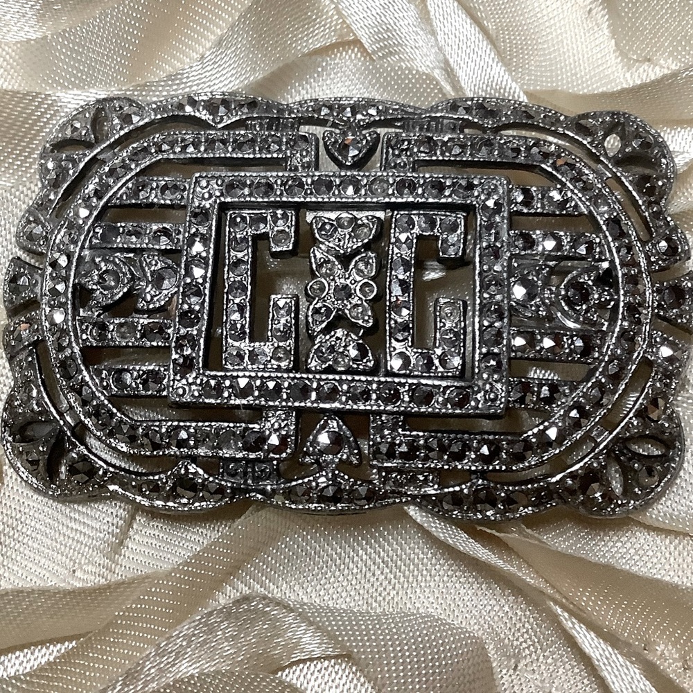 Vintage Art Deco Marcasite Monogram CC Brooch Pin